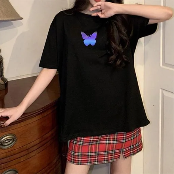 Summer  New Fashionable Internet Celebrity Couple Dress Reflective Butterfly Short-sleeved T-shirt Women's Summer Ins Super Fire Short Top display picture 3