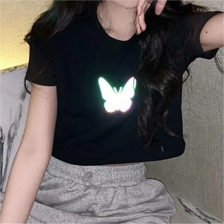 Summer  New Fashionable Internet Celebrity Couple Dress Reflective Butterfly Short-sleeved T-shirt Women's Summer Ins Super Fire Short Top display picture 5
