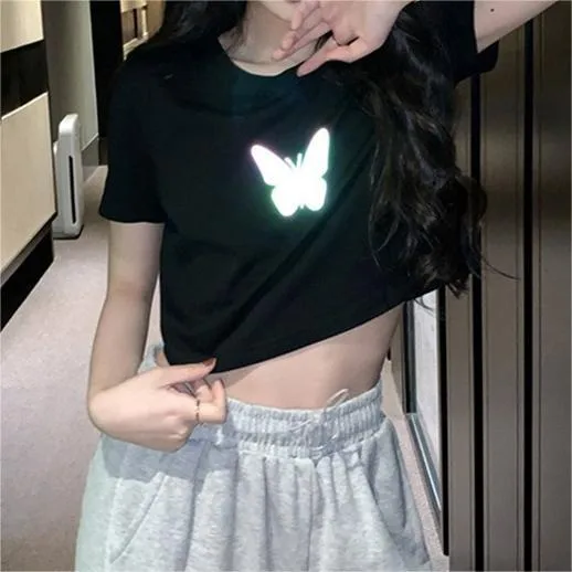 Summer  New Fashionable Internet Celebrity Couple Dress Reflective Butterfly Short-sleeved T-shirt Women's Summer Ins Super Fire Short Top display picture 6