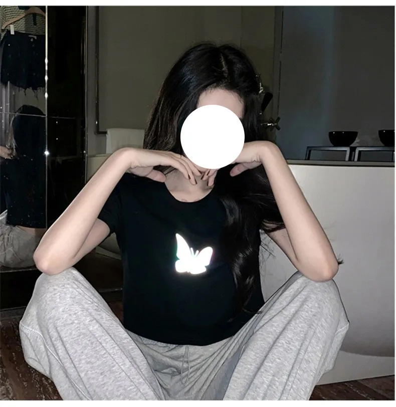 Summer  New Fashionable Internet Celebrity Couple Dress Reflective Butterfly Short-sleeved T-shirt Women's Summer Ins Super Fire Short Top display picture 8