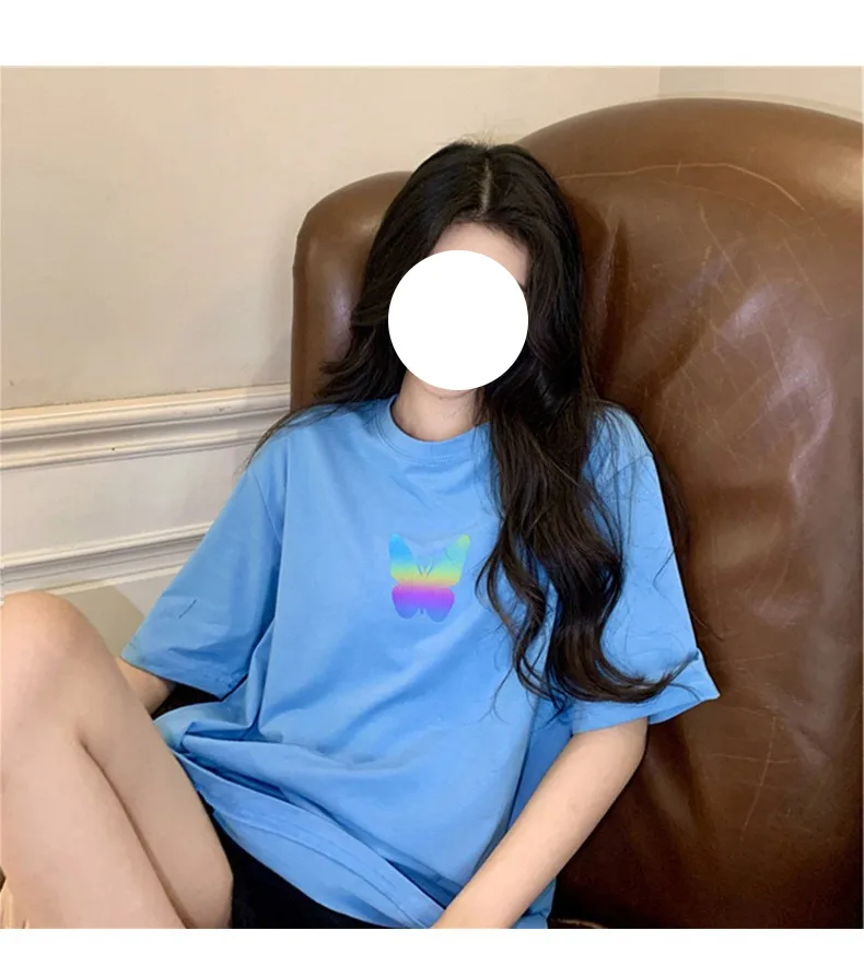 Summer  New Fashionable Internet Celebrity Couple Dress Reflective Butterfly Short-sleeved T-shirt Women's Summer Ins Super Fire Short Top display picture 10