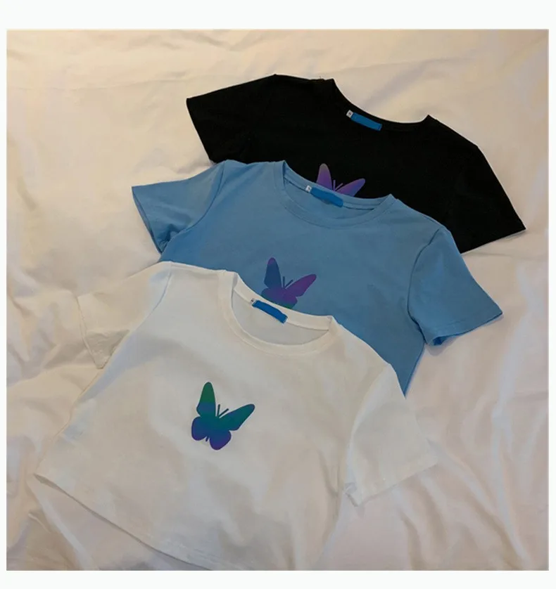 Summer  New Fashionable Internet Celebrity Couple Dress Reflective Butterfly Short-sleeved T-shirt Women's Summer Ins Super Fire Short Top display picture 13