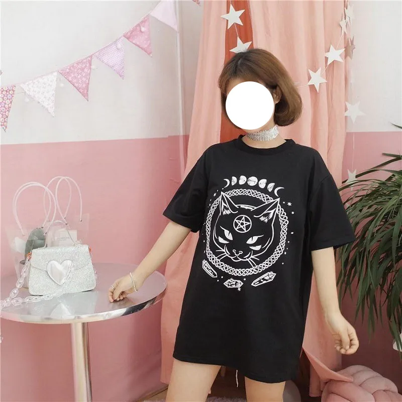 Casual Cartoon Short-sleeved Top Round Neck Women's T-shirt Magic Cat Harajuku Cartoon Cute Large Size Women's Clothing display picture 4