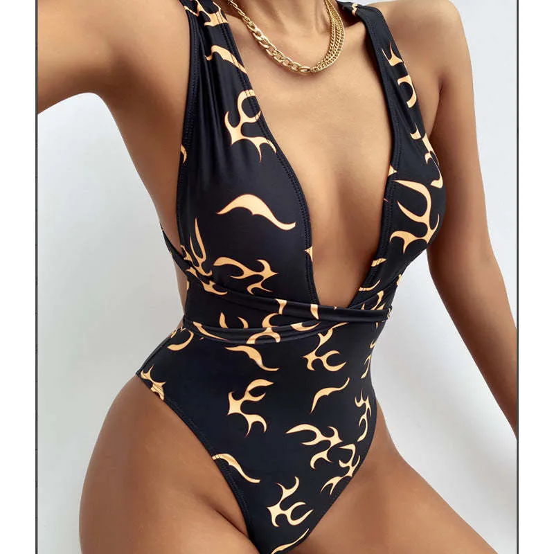 Europe And The United States  Spot BIKIN I New One-piece Women's Swimsuit Printed Flame Pattern Backless Strap Bikini display picture 2