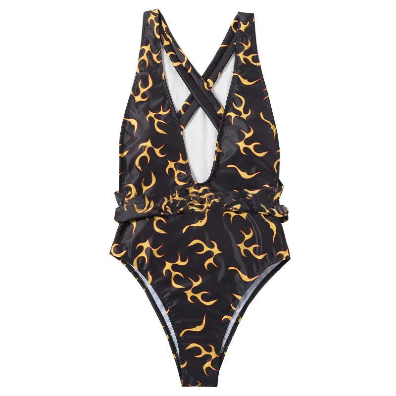 Europe And The United States  Spot BIKIN I New One-piece Women's Swimsuit Printed Flame Pattern Backless Strap Bikini display picture 4
