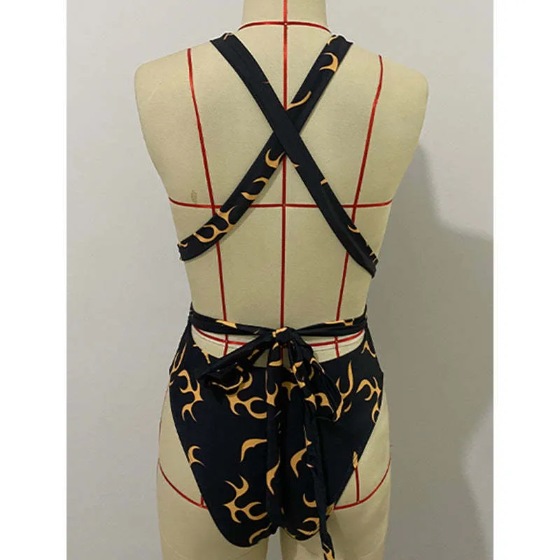 Europe And The United States  Spot BIKIN I New One-piece Women's Swimsuit Printed Flame Pattern Backless Strap Bikini display picture 5