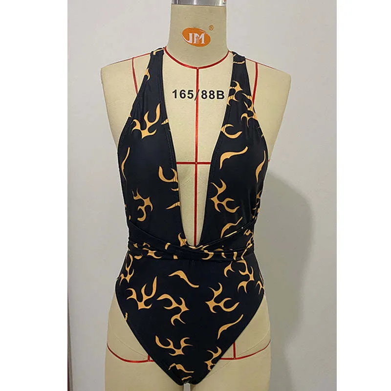Europe And The United States  Spot BIKIN I New One-piece Women's Swimsuit Printed Flame Pattern Backless Strap Bikini display picture 6