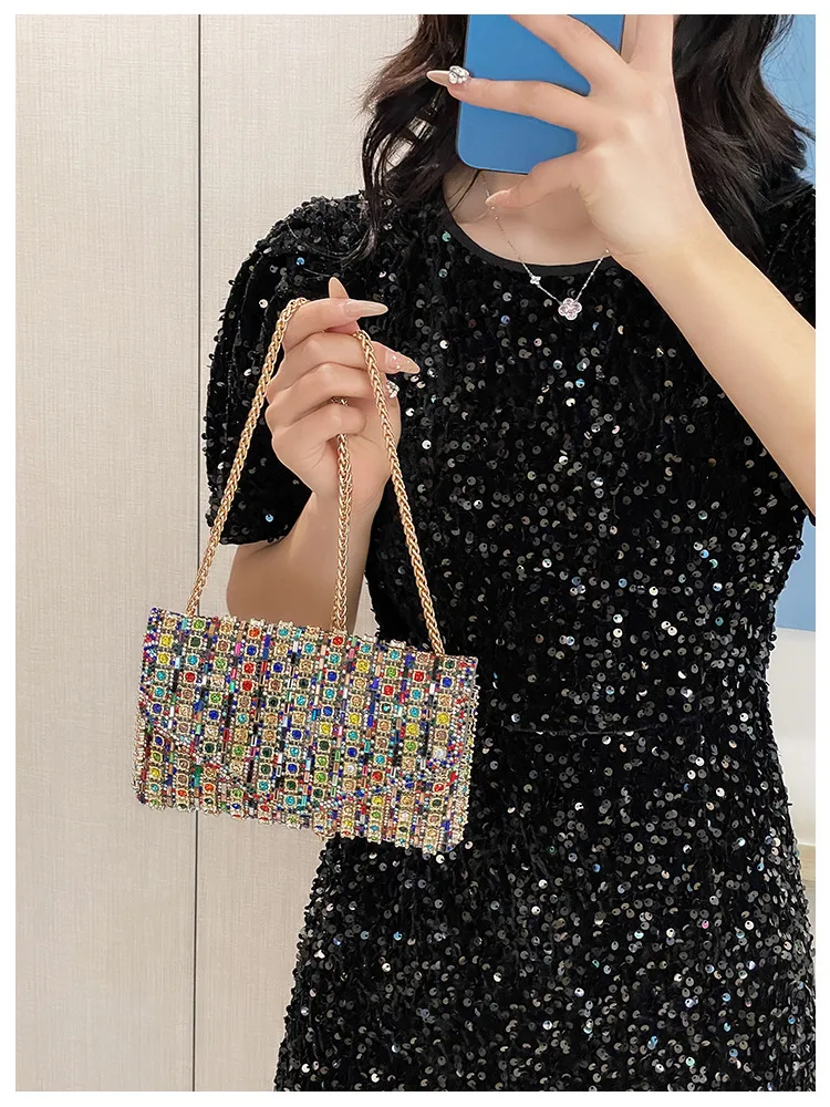Bag Explosive Women's Bag Chain Super Flash Full Of Rhinestones Small Square Bag Crossbody Bag Fashionable All-match Celebrity Evening Bag display picture 3