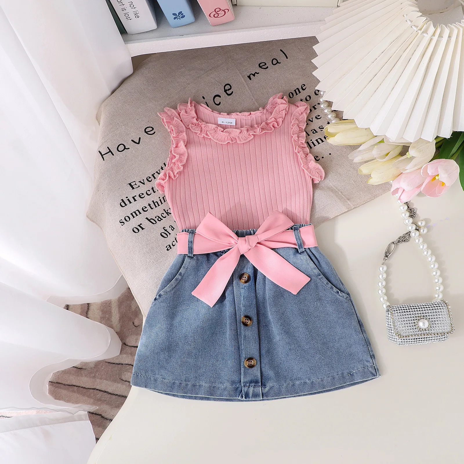 Foreign Trade  Europe And The United States Summer Multi-color Girls Suit Small And Medium-sized Children's Sleeveless Crew Neck Vest Denim Shorts New Products display picture 2