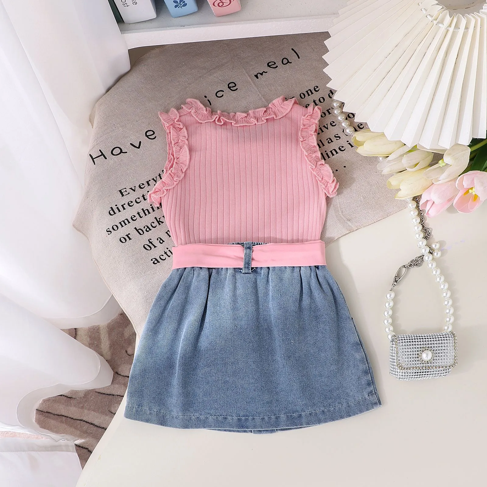 Foreign Trade  Europe And The United States Summer Multi-color Girls Suit Small And Medium-sized Children's Sleeveless Crew Neck Vest Denim Shorts New Products display picture 3
