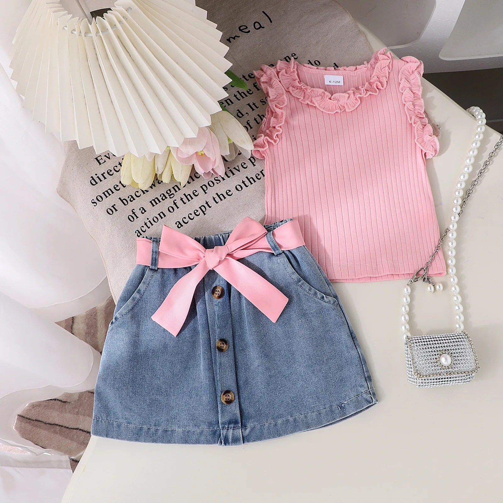 Foreign Trade  Europe And The United States Summer Multi-color Girls Suit Small And Medium-sized Children's Sleeveless Crew Neck Vest Denim Shorts New Products display picture 4