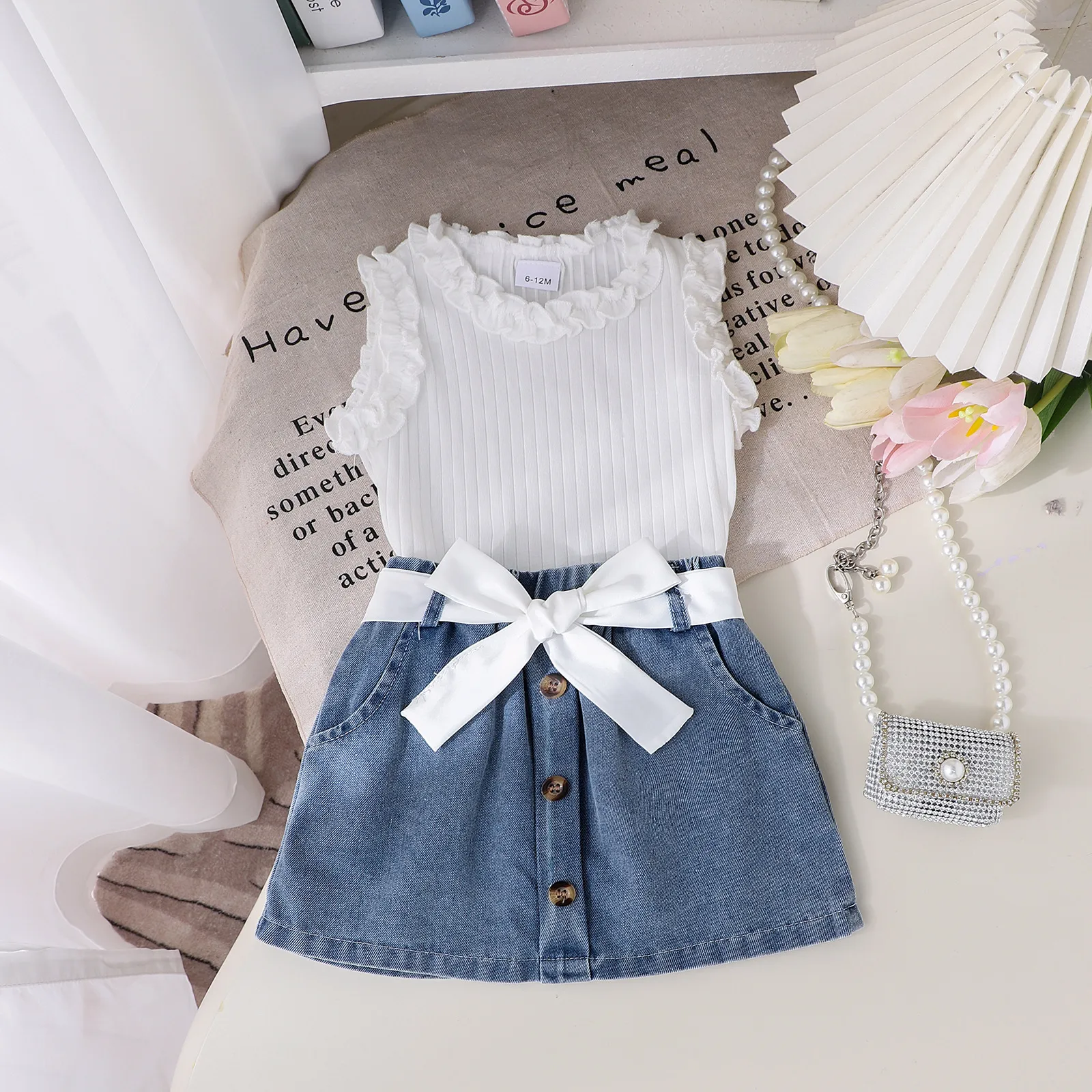Foreign Trade  Europe And The United States Summer Multi-color Girls Suit Small And Medium-sized Children's Sleeveless Crew Neck Vest Denim Shorts New Products display picture 10