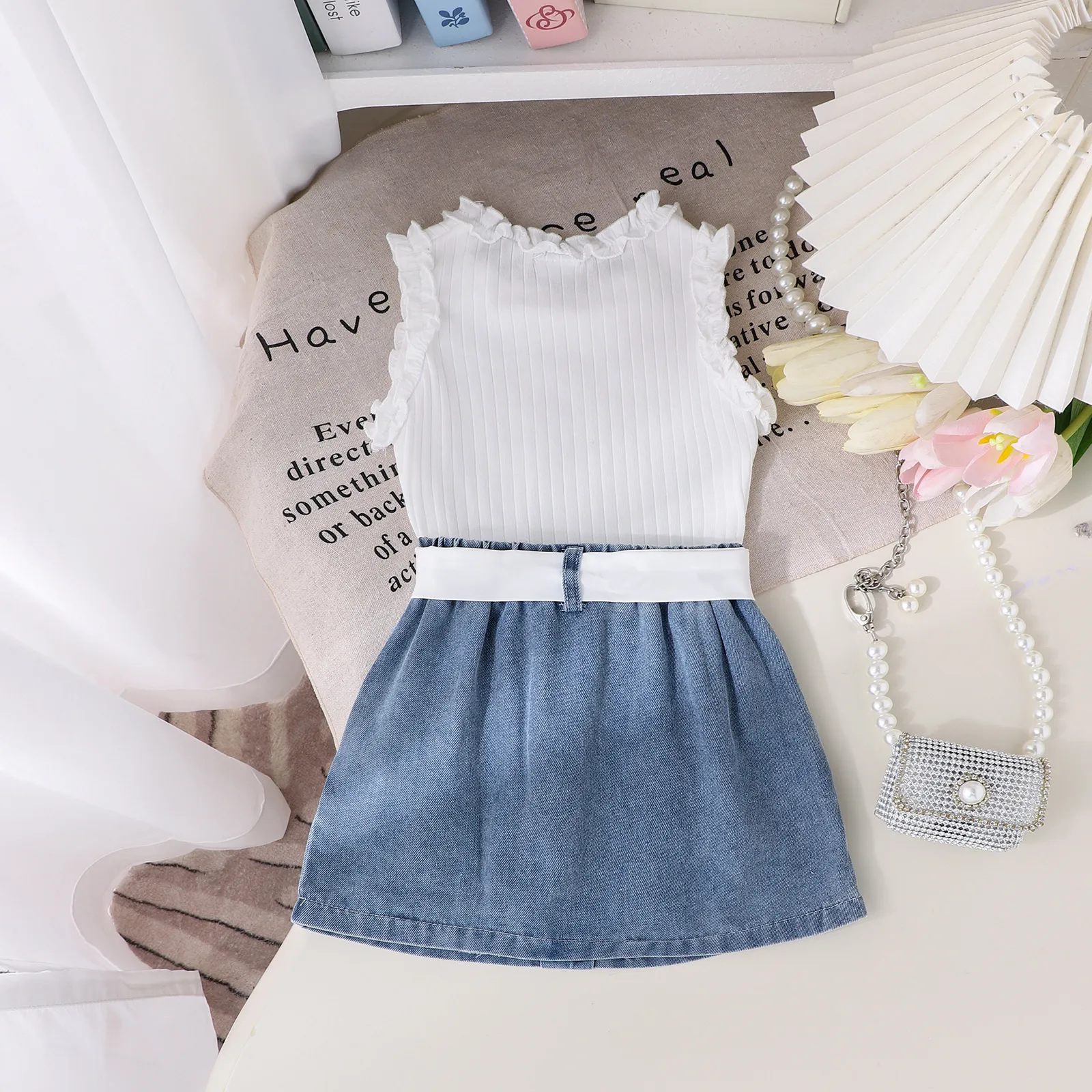 Foreign Trade  Europe And The United States Summer Multi-color Girls Suit Small And Medium-sized Children's Sleeveless Crew Neck Vest Denim Shorts New Products display picture 11