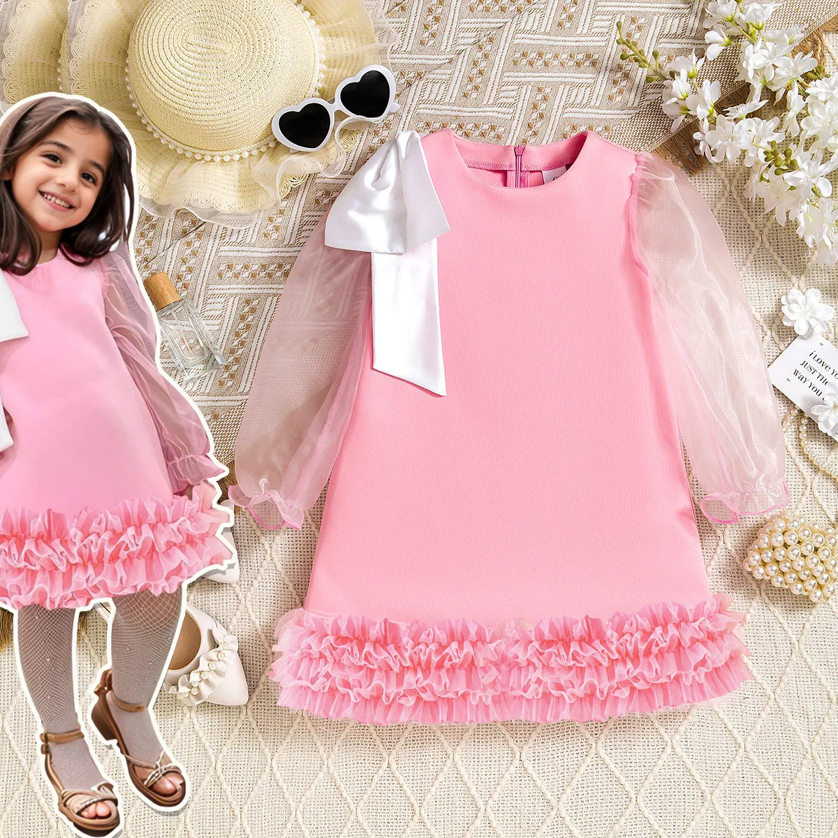 Europe And The United States INS Summer Pink Cute Girls Dress Mesh Sleeve Princess Cake Dress display picture 1