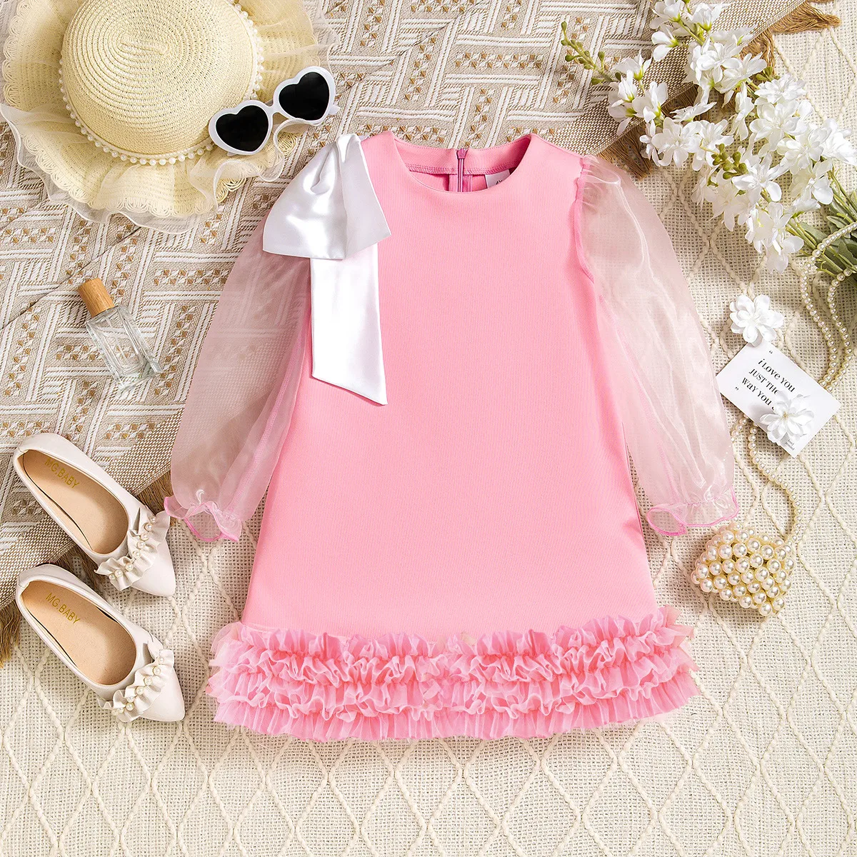 Europe And The United States INS Summer Pink Cute Girls Dress Mesh Sleeve Princess Cake Dress display picture 2