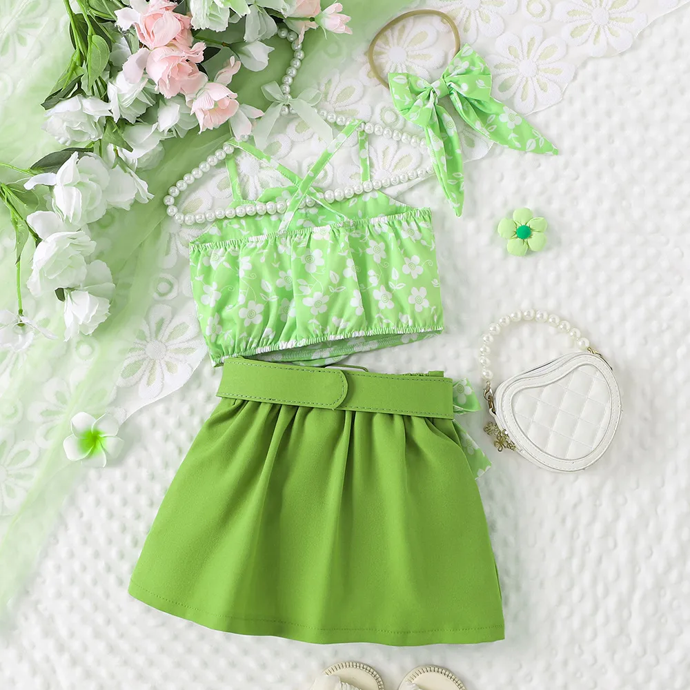 Europe And The United States  Summer Hot Selling Girls Suit Children Flower Suspenders Pleated Skirt Belt Headdress display picture 3
