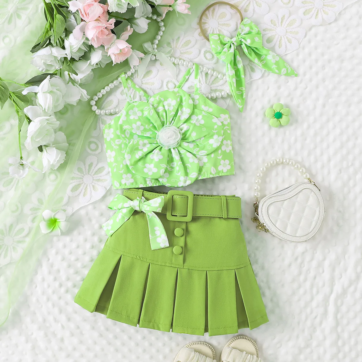 Europe And The United States  Summer Hot Selling Girls Suit Children Flower Suspenders Pleated Skirt Belt Headdress display picture 2