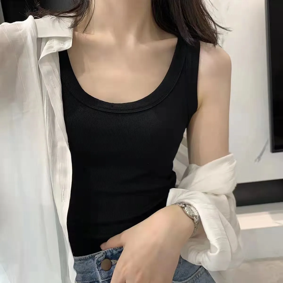 Threaded Cotton Vest  Spring New Slim Slimming Inner Beauty Back Cover Milk Anti-light Sling Women Wholesale display picture 4