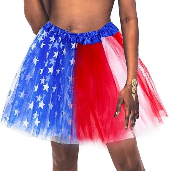 American Independence Day Adult Mesh Skirt Tutu Skirt Sequin Five-pointed Star Three-layer Color-block Pontoon Skirt display picture 2