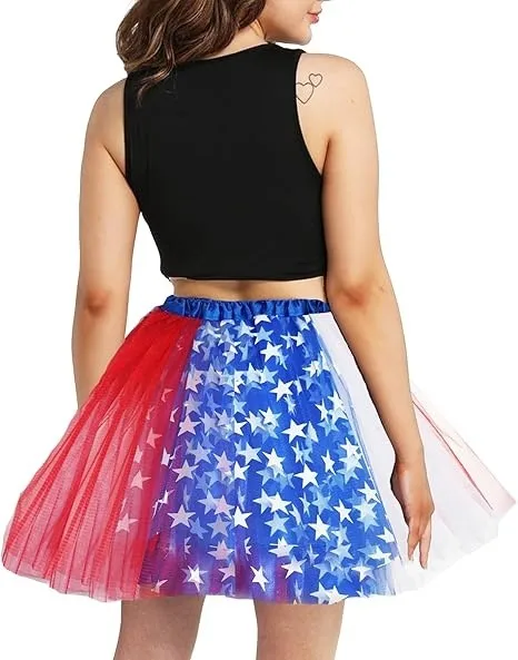 American Independence Day Adult Mesh Skirt Tutu Skirt Sequin Five-pointed Star Three-layer Color-block Pontoon Skirt display picture 3