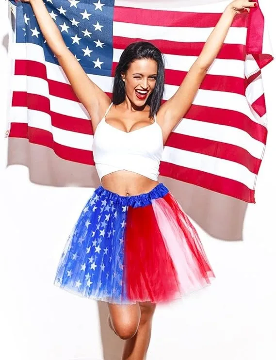 American Independence Day Adult Mesh Skirt Tutu Skirt Sequin Five-pointed Star Three-layer Color-block Pontoon Skirt display picture 4