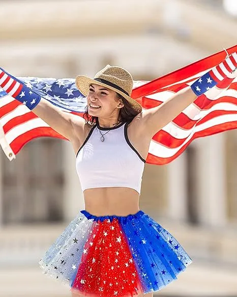 American Independence Day Adult Mesh Skirt Tutu Skirt Sequin Five-pointed Star Three-layer Color-block Pontoon Skirt display picture 11