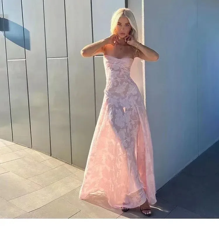 Women's Mesh Dress Elegant Vacation Bohemian Strap Jacquard Mesh See-Through Sleeveless Floral Maxi Long Dress Weekend Party Beach display picture 5
