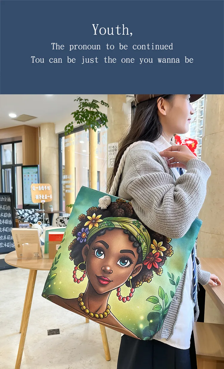 New Tote Bag Beach Bag Bart Color Painting Bag Cartoon Linen Canvas Bag Large Capacity Black Beauty display picture 1