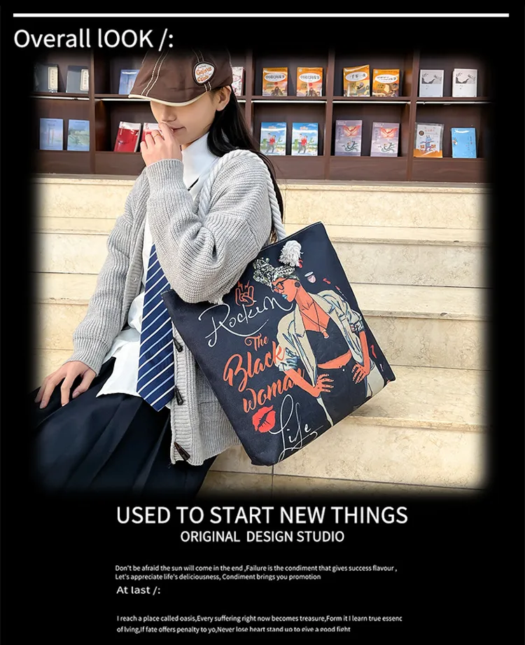 New Tote Bag Beach Bag Bart Color Painting Bag Cartoon Linen Canvas Bag Large Capacity Black Beauty display picture 2