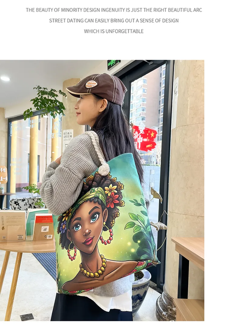 New Tote Bag Beach Bag Bart Color Painting Bag Cartoon Linen Canvas Bag Large Capacity Black Beauty display picture 4