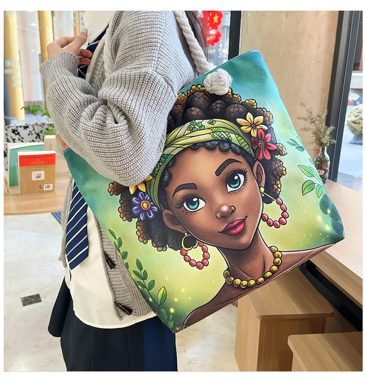 New Tote Bag Beach Bag Bart Color Painting Bag Cartoon Linen Canvas Bag Large Capacity Black Beauty display picture 5