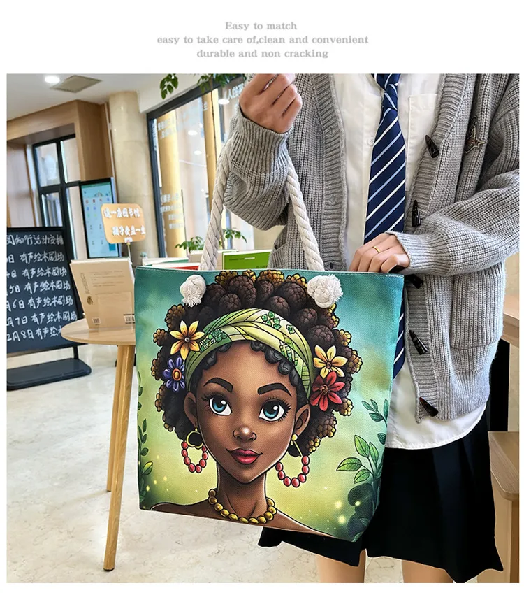 New Tote Bag Beach Bag Bart Color Painting Bag Cartoon Linen Canvas Bag Large Capacity Black Beauty display picture 6