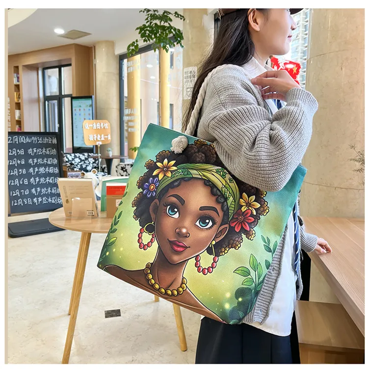 New Tote Bag Beach Bag Bart Color Painting Bag Cartoon Linen Canvas Bag Large Capacity Black Beauty display picture 7