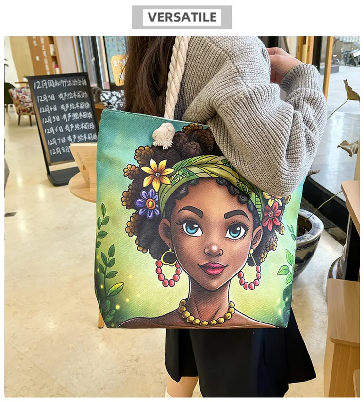 New Tote Bag Beach Bag Bart Color Painting Bag Cartoon Linen Canvas Bag Large Capacity Black Beauty display picture 8