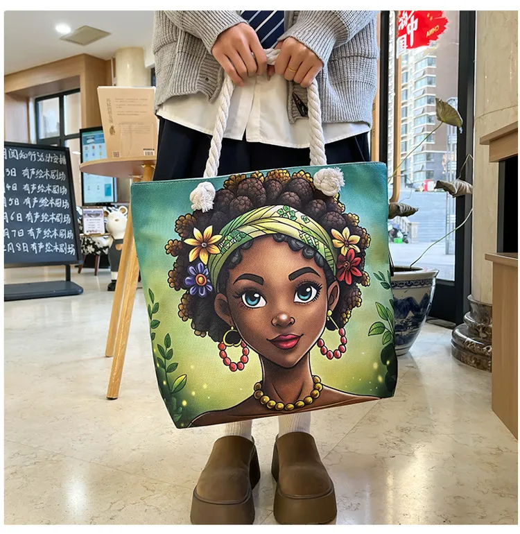 New Tote Bag Beach Bag Bart Color Painting Bag Cartoon Linen Canvas Bag Large Capacity Black Beauty display picture 9