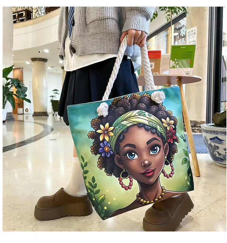 New Tote Bag Beach Bag Bart Color Painting Bag Cartoon Linen Canvas Bag Large Capacity Black Beauty display picture 10