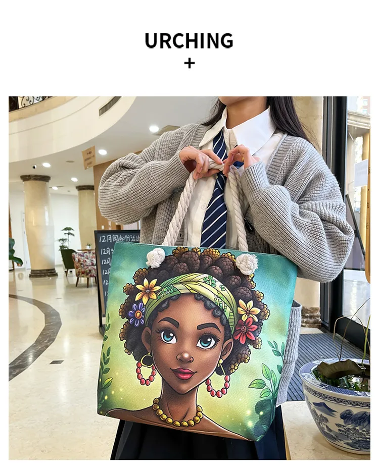 New Tote Bag Beach Bag Bart Color Painting Bag Cartoon Linen Canvas Bag Large Capacity Black Beauty display picture 11
