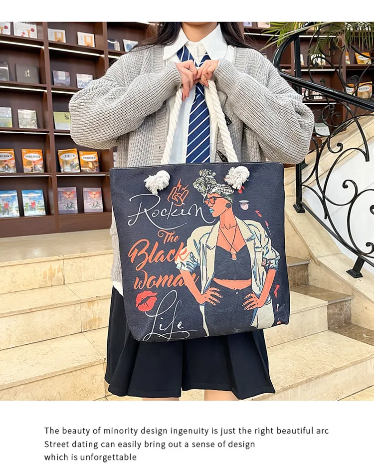 New Tote Bag Beach Bag Bart Color Painting Bag Cartoon Linen Canvas Bag Large Capacity Black Beauty display picture 12