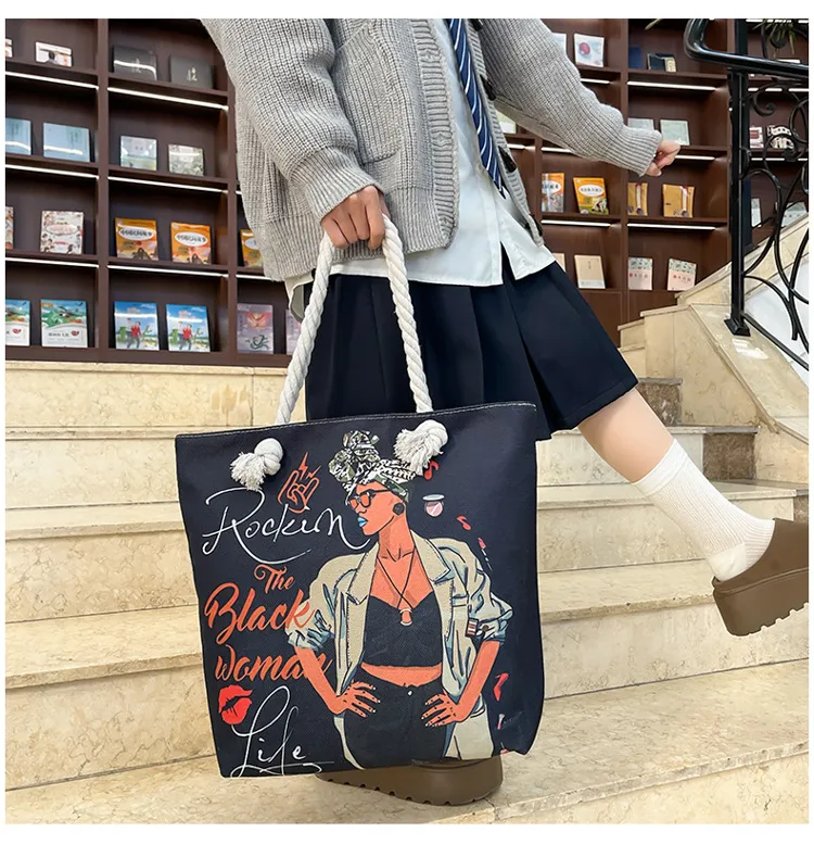 New Tote Bag Beach Bag Bart Color Painting Bag Cartoon Linen Canvas Bag Large Capacity Black Beauty display picture 13