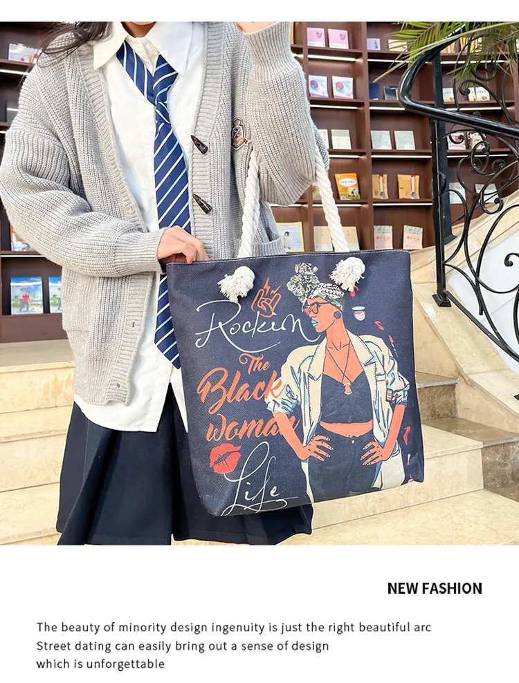 New Tote Bag Beach Bag Bart Color Painting Bag Cartoon Linen Canvas Bag Large Capacity Black Beauty display picture 14