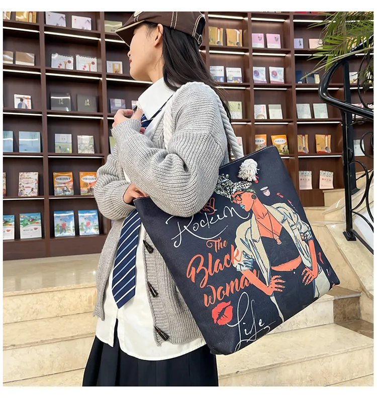 New Tote Bag Beach Bag Bart Color Painting Bag Cartoon Linen Canvas Bag Large Capacity Black Beauty display picture 15