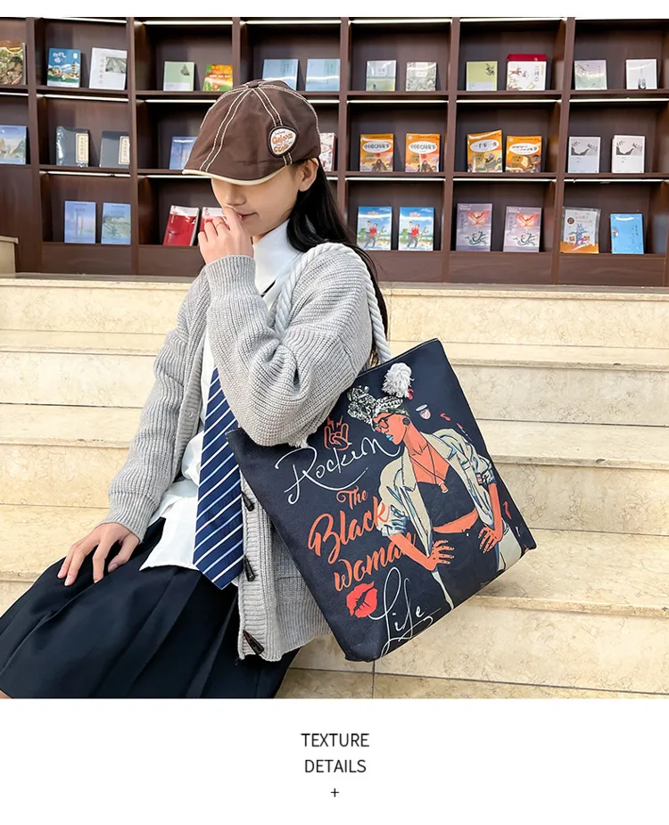 New Tote Bag Beach Bag Bart Color Painting Bag Cartoon Linen Canvas Bag Large Capacity Black Beauty display picture 16