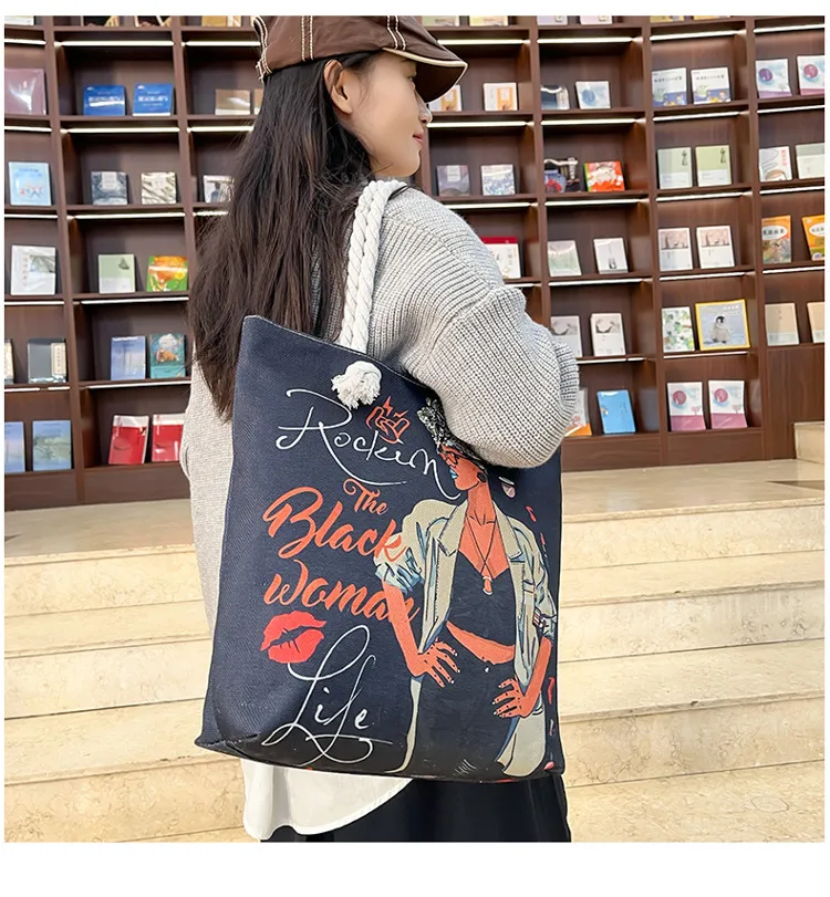 New Tote Bag Beach Bag Bart Color Painting Bag Cartoon Linen Canvas Bag Large Capacity Black Beauty display picture 17