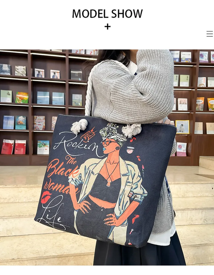 New Tote Bag Beach Bag Bart Color Painting Bag Cartoon Linen Canvas Bag Large Capacity Black Beauty display picture 18