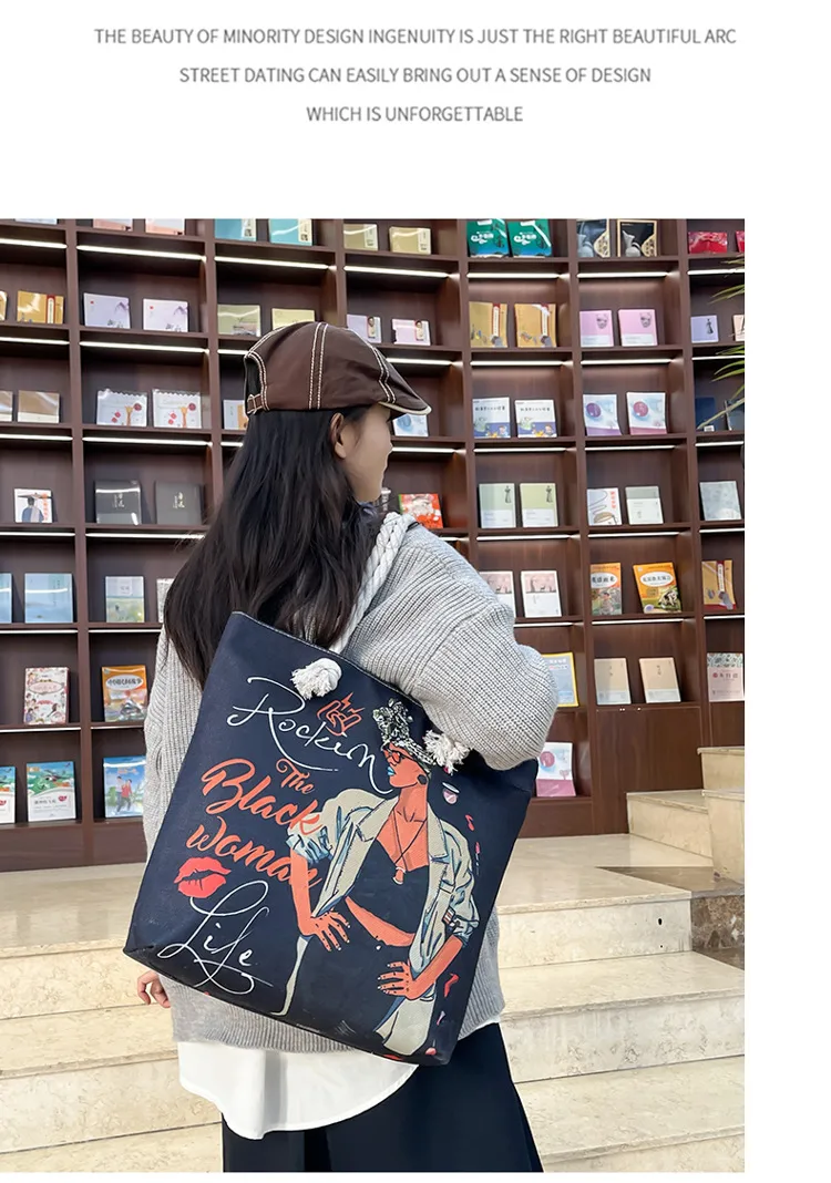 New Tote Bag Beach Bag Bart Color Painting Bag Cartoon Linen Canvas Bag Large Capacity Black Beauty display picture 19