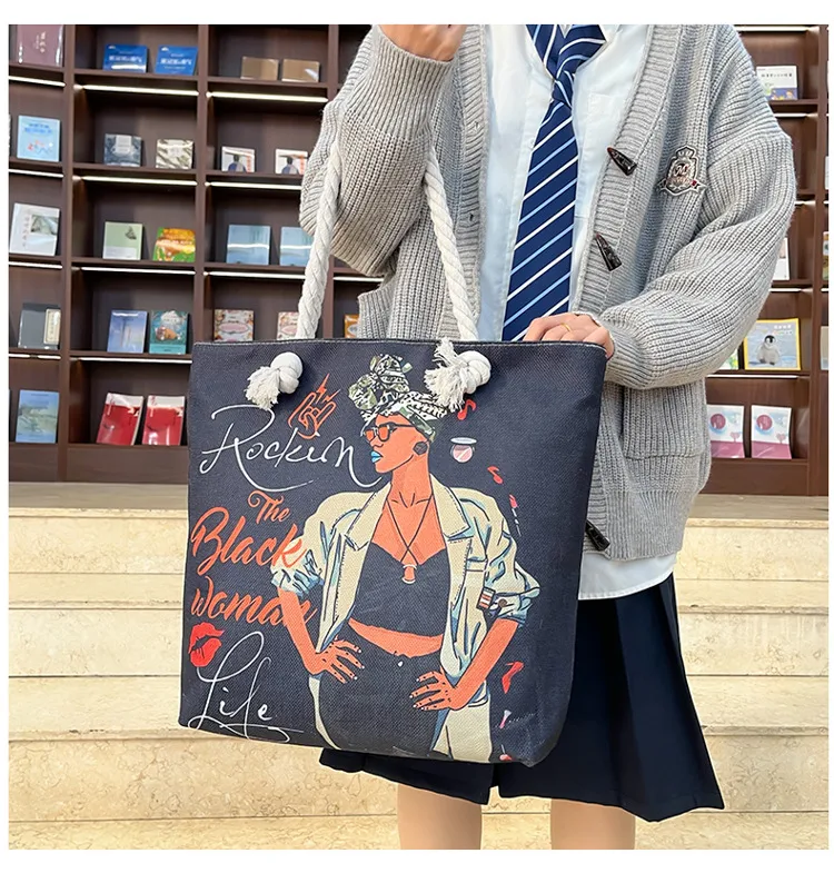 New Tote Bag Beach Bag Bart Color Painting Bag Cartoon Linen Canvas Bag Large Capacity Black Beauty display picture 20