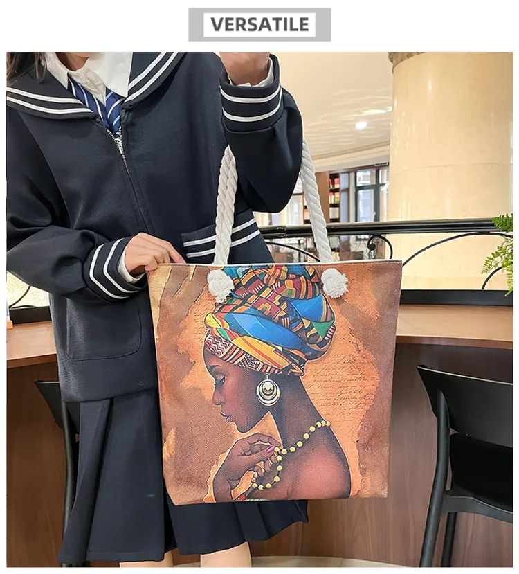 New Tote Bag Beach Bag Bart Color Painting Bag Cartoon Linen Canvas Bag Large Capacity Black Beauty display picture 23