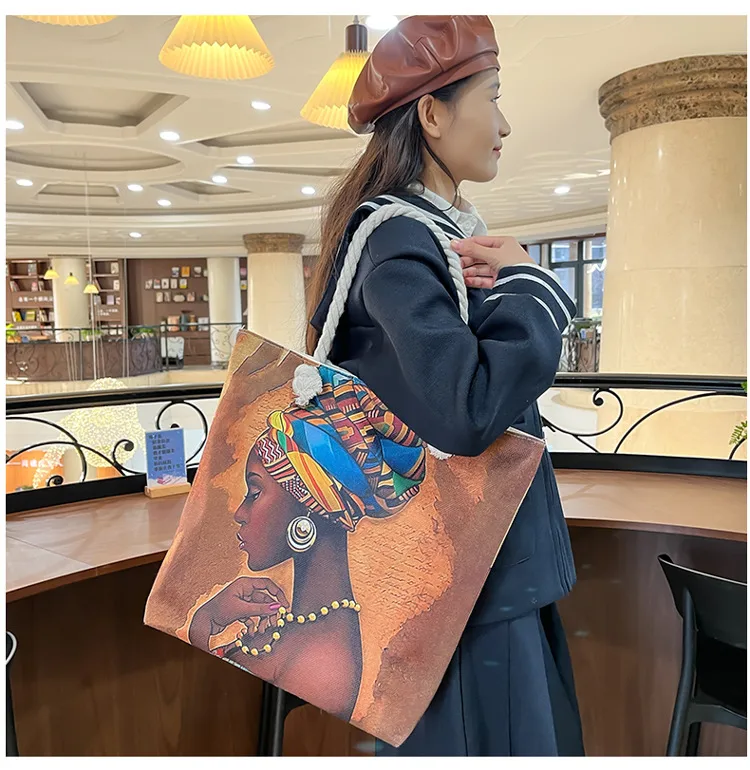 New Tote Bag Beach Bag Bart Color Painting Bag Cartoon Linen Canvas Bag Large Capacity Black Beauty display picture 24