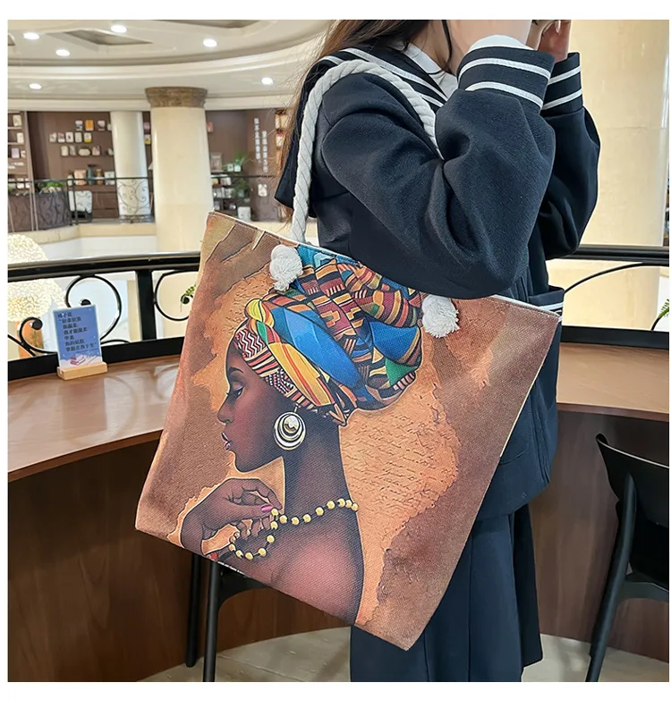 New Tote Bag Beach Bag Bart Color Painting Bag Cartoon Linen Canvas Bag Large Capacity Black Beauty display picture 25