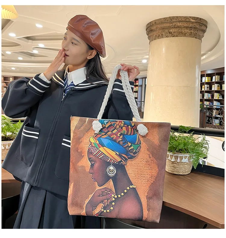 New Tote Bag Beach Bag Bart Color Painting Bag Cartoon Linen Canvas Bag Large Capacity Black Beauty display picture 28